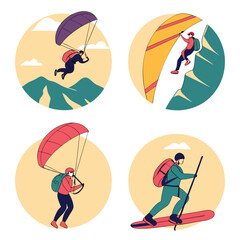 Outdoor adventure sports icon set featuring surfing and water activities for graphic design projects