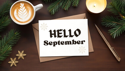 Hello September: A cozy scene set in a late summer, with festive decorations and delicious cappuccino that evokes warmth and anticipation for the month's arrival.