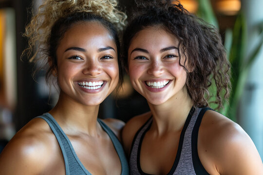 Generative AI image of smiling athletes during individual or group fitness training session including gym coach and mixed gender outdoor workouts