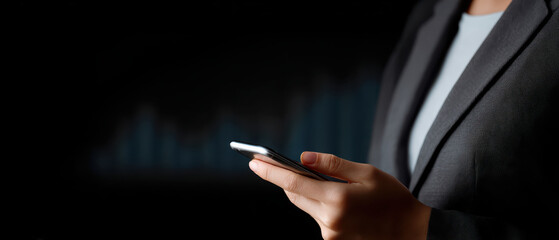 Businesswoman in suit uses smartphone against dark background