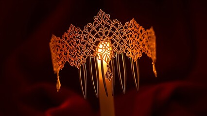 Embroidered mantilla comb with intricate lace patterns, glowing under candlelight with crimson velvet background.
