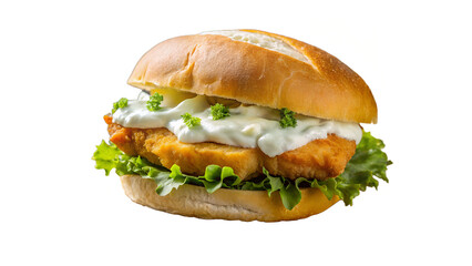 A delicious looking fish burger with lettuce and creamy white sauce on a white background view
