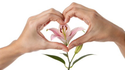 Hands making heart shape in flower for beauty background PNG. AI GENERATED.