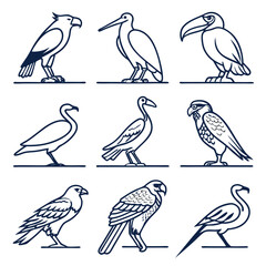 Obraz premium Comprehensive wildlife bird icon set featuring a majestic falcon and twenty distinct avian designs for diverse applications