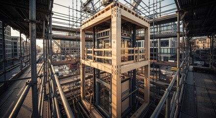 Wideangle view of a timber prefab lift and staircore unit nearing completion surrounded by scaffolding and construction machinery in an urban setting.