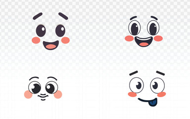 A set of four adorable cartoon vector faces with various expressions. These playful and whimsical doodle elements are perfect for adding emotion to characters, mascots, or animated designs.