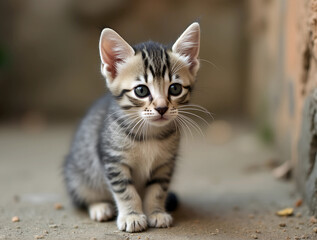 Fototapeta premium Grey/white kitten sitting on concrete with blurred background. Ideal for urban pet photography, adoption campaigns, and gritty yet cute animal content.