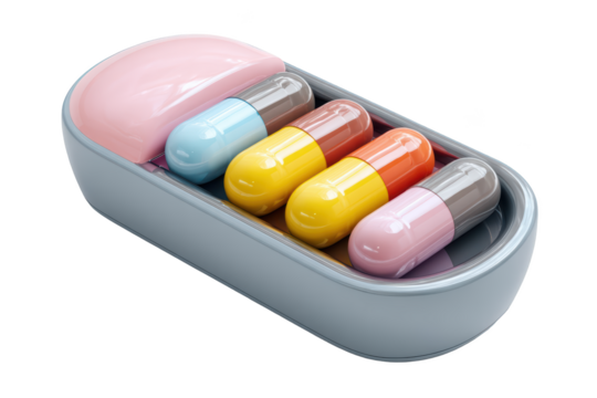 Colorful pills, in a pillbox container, medical healthcare treatment, capsules