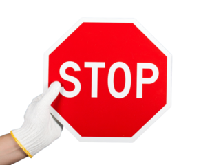Gloved Hand Holding Red Octagonal Stop Sign, Transparent Background