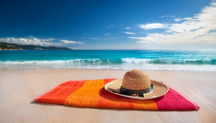 relaxing beach day with a straw hat on colorful towel by the ocean