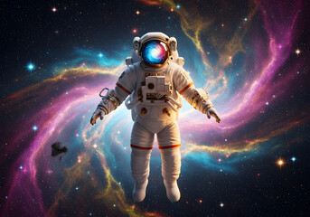 Fototapeta premium Astronaut in Cosmic Nebula. A Glowing Figure in Space
