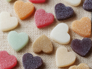 Obraz premium Assorted heart shaped jelly candies in various vibrant colors on textured fabric, sweet confectionery background
