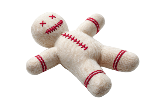 A white and red stuffed animal with red stitching and a red face