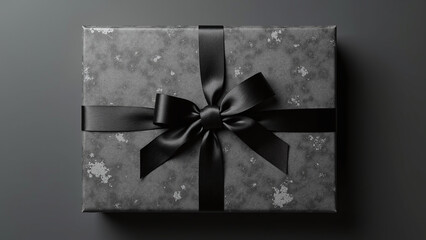 Elegant dark gift box with black ribbon on moody background.
