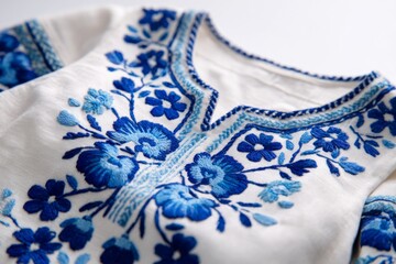 Traditional white blouse with blue floral embroidery pattern on fabric
