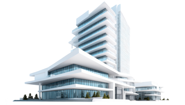 Modern white high-rise building with glass windows and futuristic design - Powered by Adobe