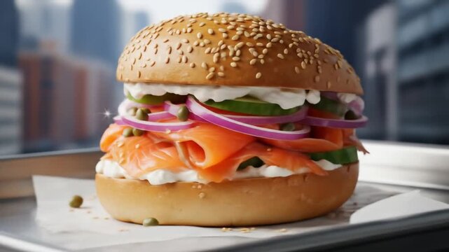 Gourmet Lox Bagel Sandwich on Cityscape Backdrop