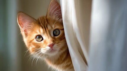 International Cat Concept. Curious cat peeking from behind a curtain.