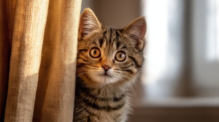 International Cat Concept. Curious kitten peeking from behind a curtain.