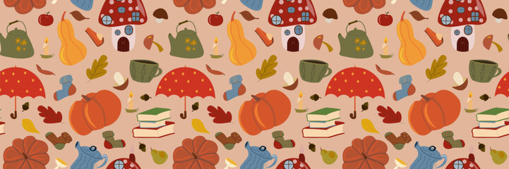 Seamless pattern of various hand drawn, cozy autumn elements: mushroom houses, teapots, pumpkins, leaves, and umbrellas. Perfect for seasonal website headers, borders, or backgrounds.