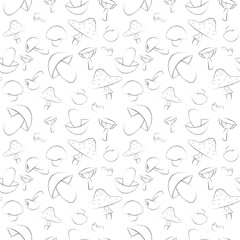 Seamless doodle pattern of various hand drawn mushrooms in black line art. Sketch style, ideal for modern seasonal backgrounds, wrapping paper, or fabric prints.