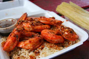 Garlic Shrimp with Rice in Takeout Container
