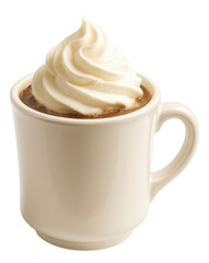 Steaming hot chocolate in a ceramic mug, topped with a swirl of whipped cream.