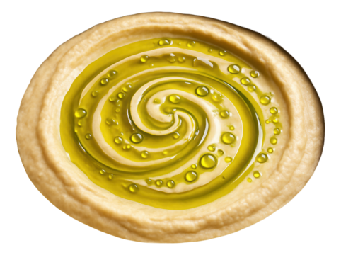 Olive oil droplets forming a swirling pattern on the surface of a ceramic bowl of hummus.