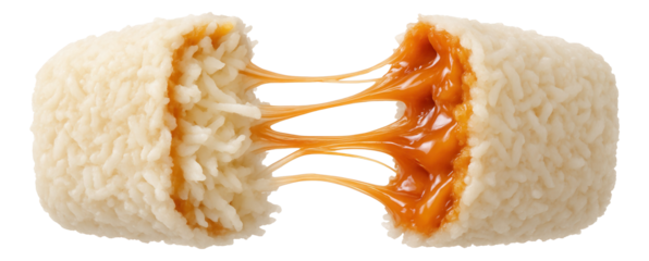 Coconut bar pulled apart, shredded coconut and caramel stretching between sides.