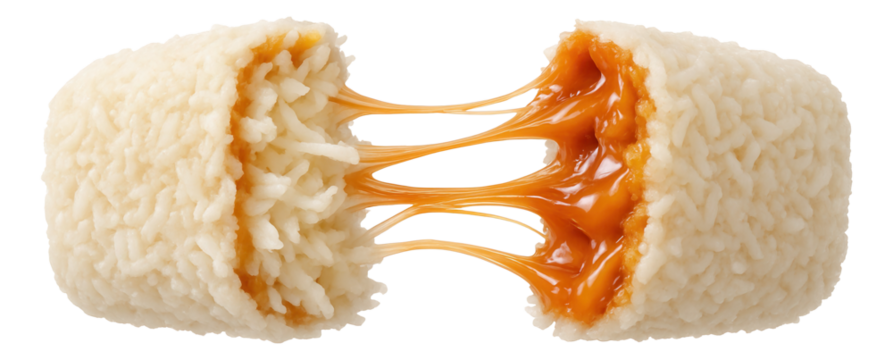 Coconut bar pulled apart, shredded coconut and caramel stretching between sides.