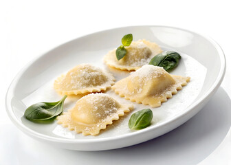 White plate with four cheese ravioli and fresh basil garnish. Perfect for Italian restaurant menus, cooking blogs, and authentic food photography