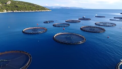 Fish farming aquaculture farm in ocean.