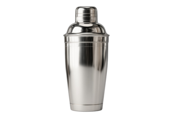 A silver cocktail shaker with a metal lid