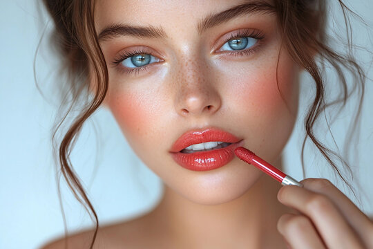 Generative AI image of fashion model with glowing neon makeup showing futuristic beauty cosmetics and closeup visage trends in modern style - Powered by Adobe