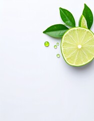 Fresh Lime Slice with Water Droplets on Pure White Background - Top Down, Hyperrealistic, Copy Space