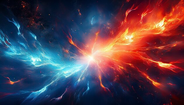 epic cosmic battle fire and ice collision blue lightning vs red flames energy beams clashing space background star field explosive particle effects