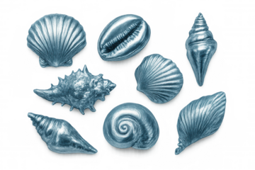 Metallic blue seashells varying in form, positioned artfully against transparent surface, highlighting oceanic elegance and intricate shell design