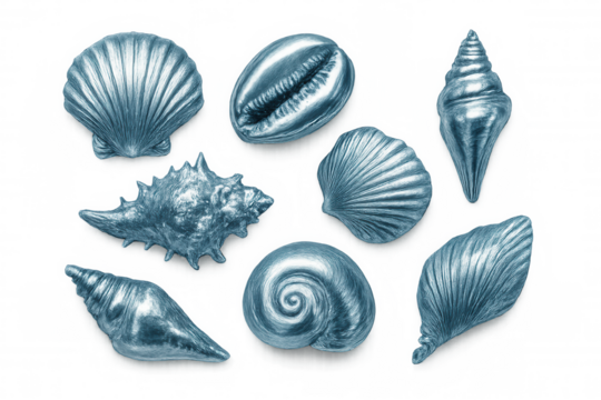 Metallic blue seashells varying in form, positioned artfully against transparent surface, highlighting oceanic elegance and intricate shell design