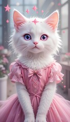 Digital Portrait of Elegant White Cat Wearing Pink Bow Dress