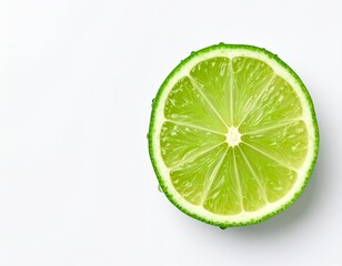 Fresh Lime Slice with Water Droplets on Pure White Background - Top Down, Hyperrealistic, Copy Space