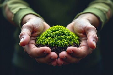 A pair of hands gently cradling a miniature landscape that resembles a small, lush forest or tree, The main subject is a vibrant, green