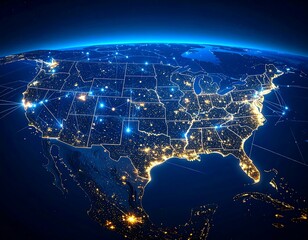 Night view of USA from space, illuminated cities