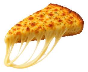 A slice of cheesy garlic bread being lifted, cheese strings trailing.