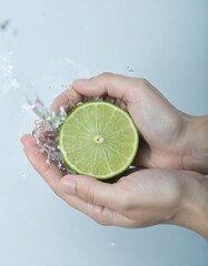 Fresh Lime Slice with Water Droplets on Pure White Background - Top Down, Hyperrealistic, Copy Space