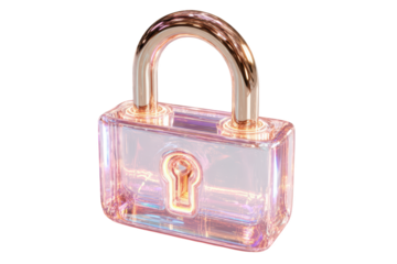 Pink transparent padlock isolated on black background, security concept