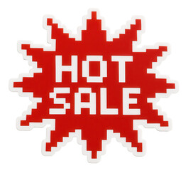 Obraz premium Bold red burst sticker with HOT SALE message in large pixelated font, vibrant retail discount promo on transparent background.