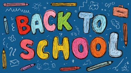 Colorful hand - drawn "BACK TO SCHOOL" lettering with pencils, schoolbag and doodles on blue background, suitable for poster, banner, wallpaper, celebrating new school year.