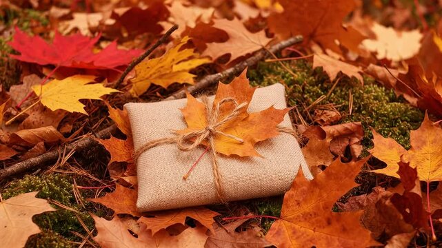A burlapwrapped gift secured with twine and a maple leaf sits amidst autumn leaves and moss