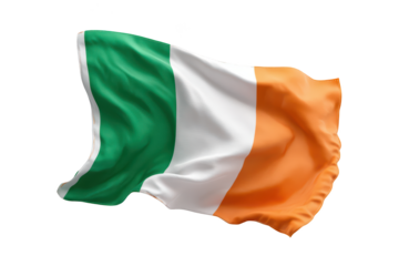 Irish national flag, waving, with vertical green, white, and orange stripes, isolated