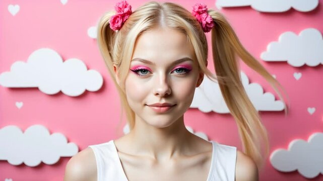 A very young beautiful blonde woman with darling braids against a pink wall with white 3d clouds that floated away from the wall when a light wind blew, leaving only small white hearts